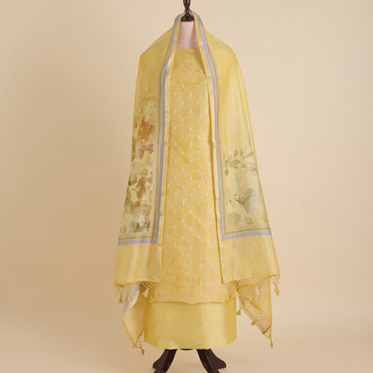 Yellow Chanderi Woven Kantha Embroidered Kurta with Dupatta
