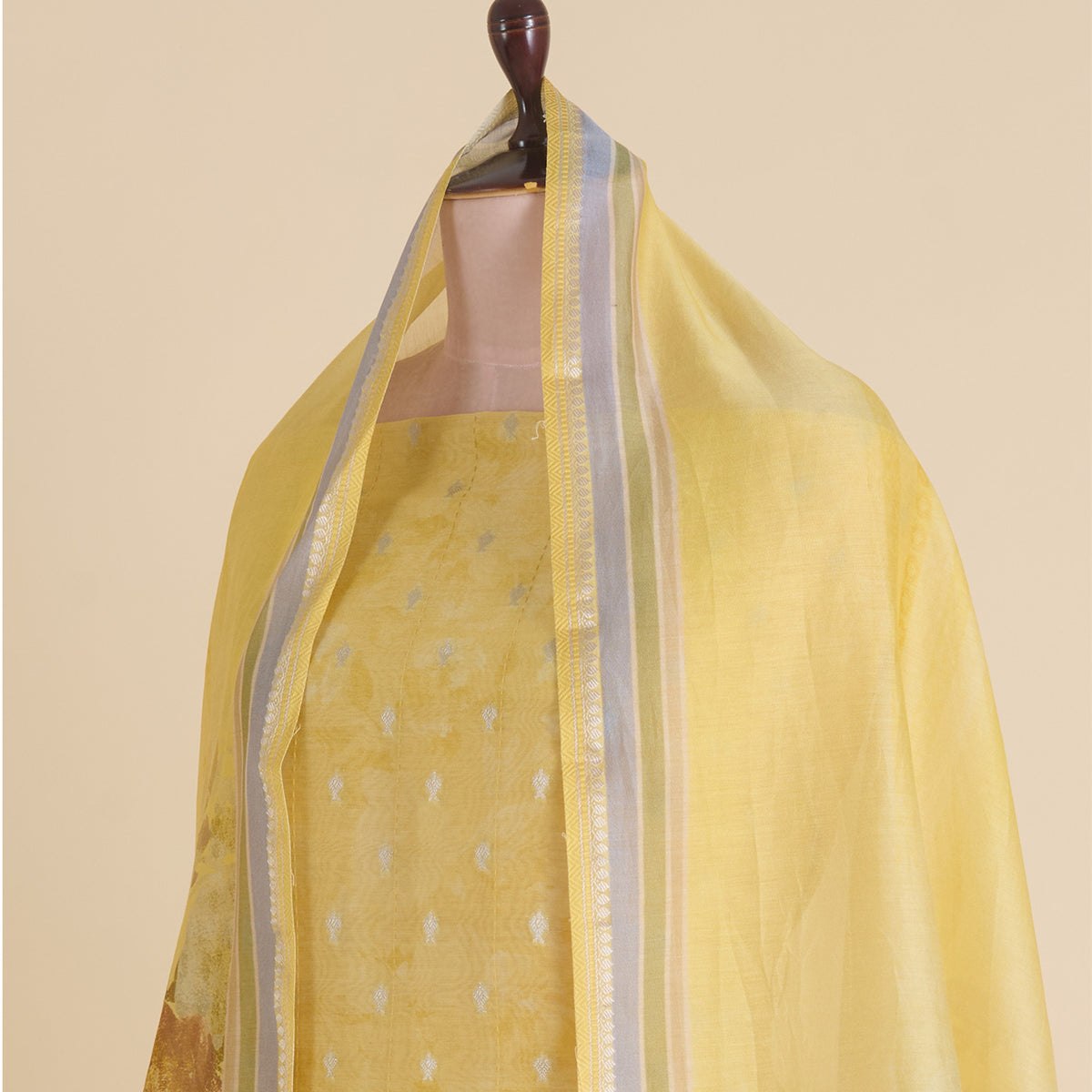 Yellow Chanderi Woven Kantha Embroidered Kurta with Dupatta