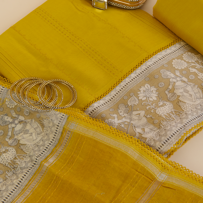 Yellow Chanderi Suit with Katha Stitch Daman & Printed Dupatta