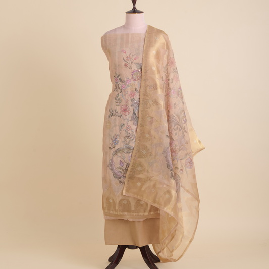 Beige Gold Chanderi Woven Printed Kurta Set with Dupatta