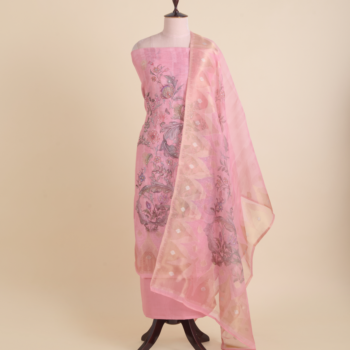 Pink Chanderi Woven Printed Kurta Set with Dupatta
