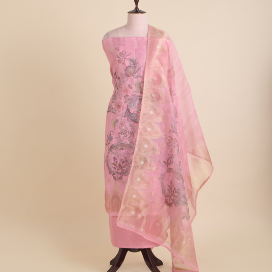 Pink Chanderi Woven Printed Kurta Set with Dupatta
