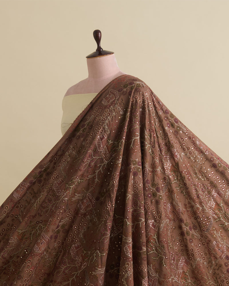 Brown Dupion Silk with Jaal Buta Print & Sequin Kasab Work