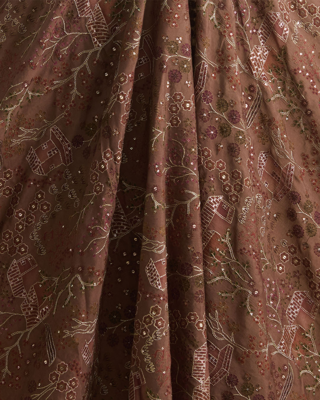 Brown Dupion Silk with Jaal Buta Print & Sequin Kasab Work