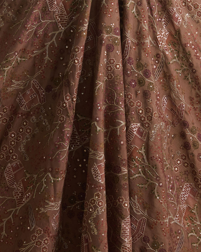 Brown Dupion Silk with Jaal Buta Print & Sequin Kasab Work