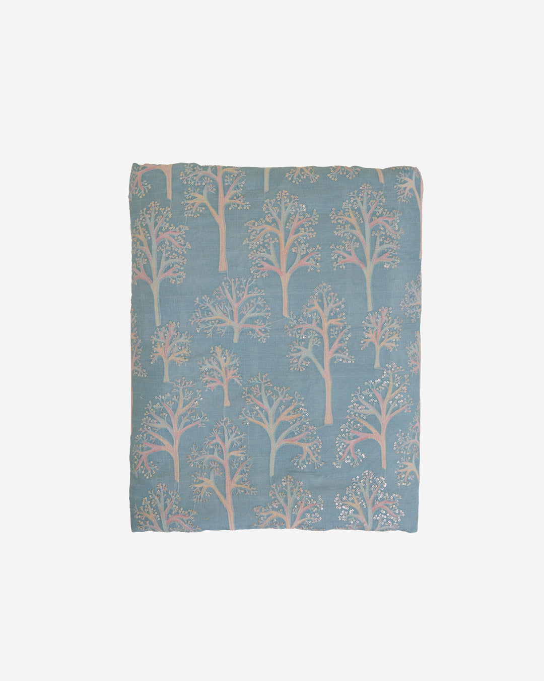 Dusty Blue Dupion Silk Printed Multi Resham Embroidery with Sequins Fabric