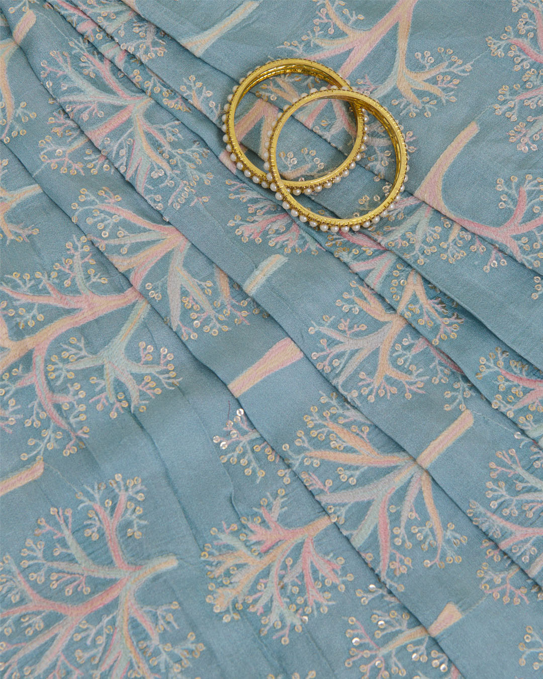 Dusty Blue Dupion Silk Printed Multi Resham Embroidery with Sequins Fabric