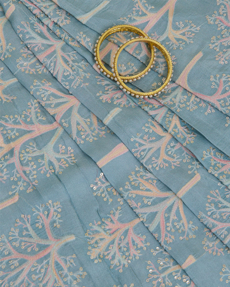 Dusty Blue Dupion Silk Printed Multi Resham Embroidery with Sequins Fabric