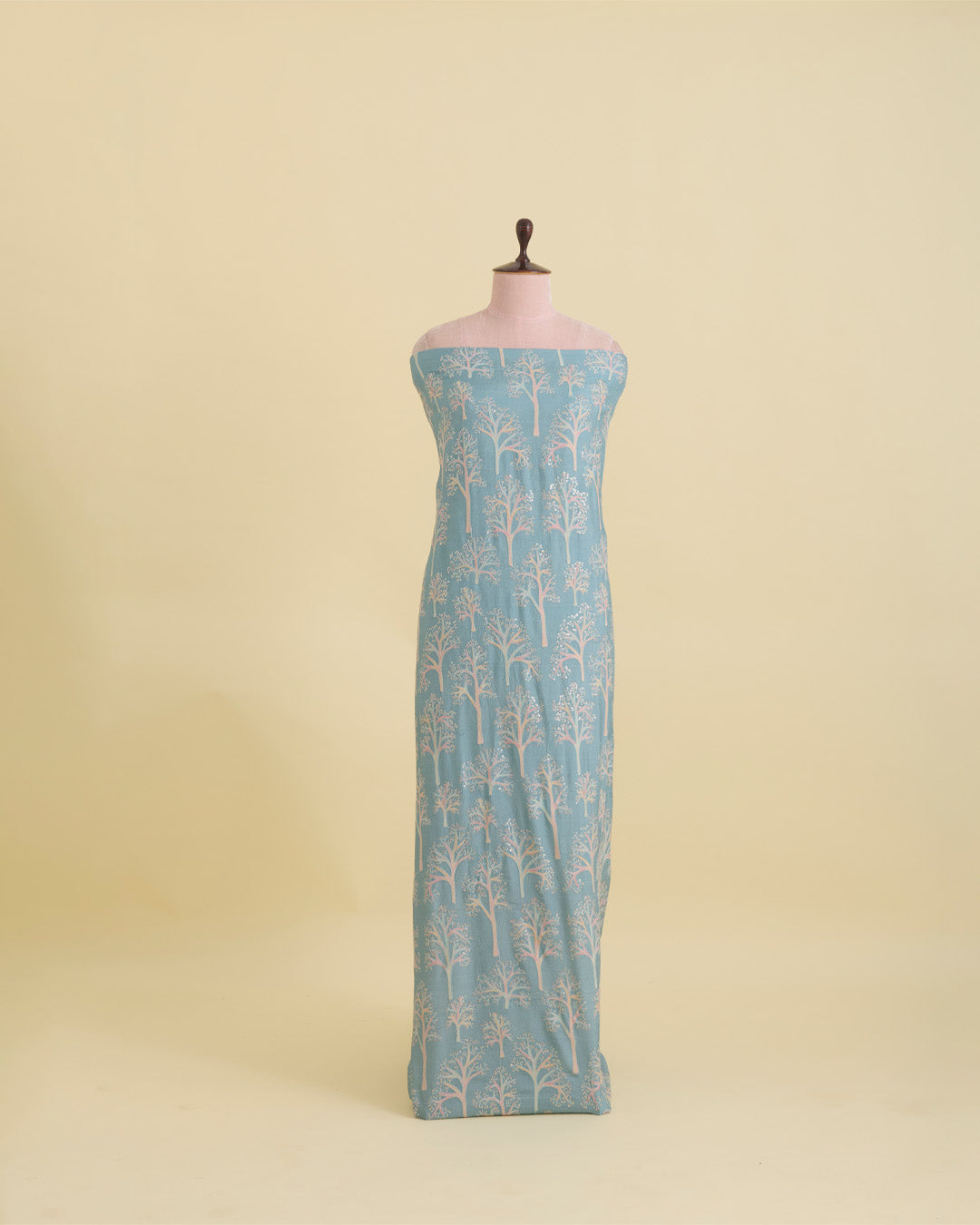 Dusty Blue Dupion Silk Printed Multi Resham Embroidery with Sequins Fabric