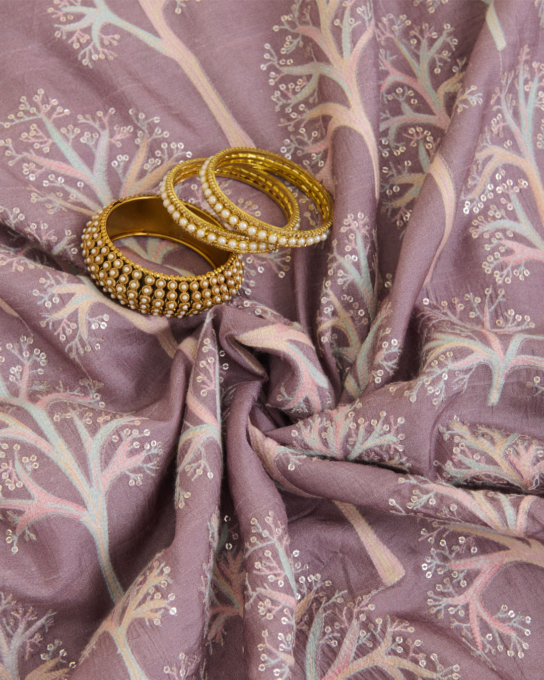 Dupion Silk Printed Fabric with Multi Resham & Sequins Work – Dusty Brown