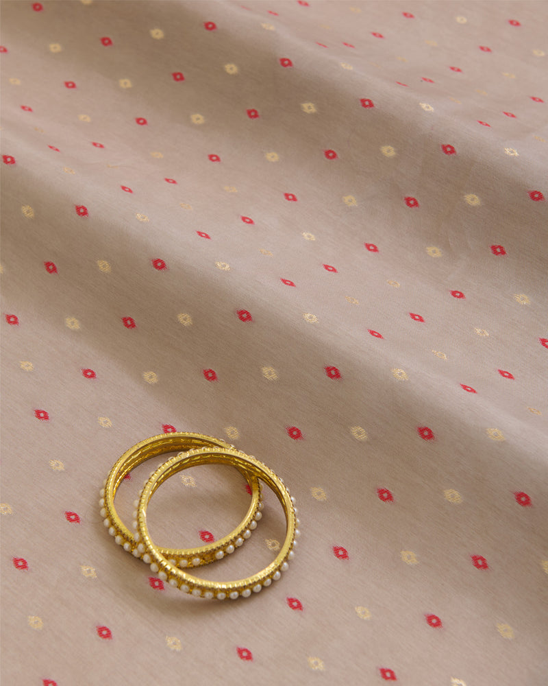 Dusty Beige Dola Silk Self Woven Resham Minakari Barfi Buti Fabric