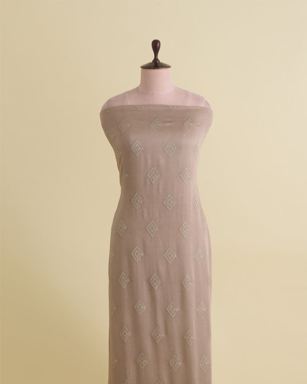 Dupion Silk Ikat Stripe Fabric with Thread & Zari Embroidery Dusty Brown