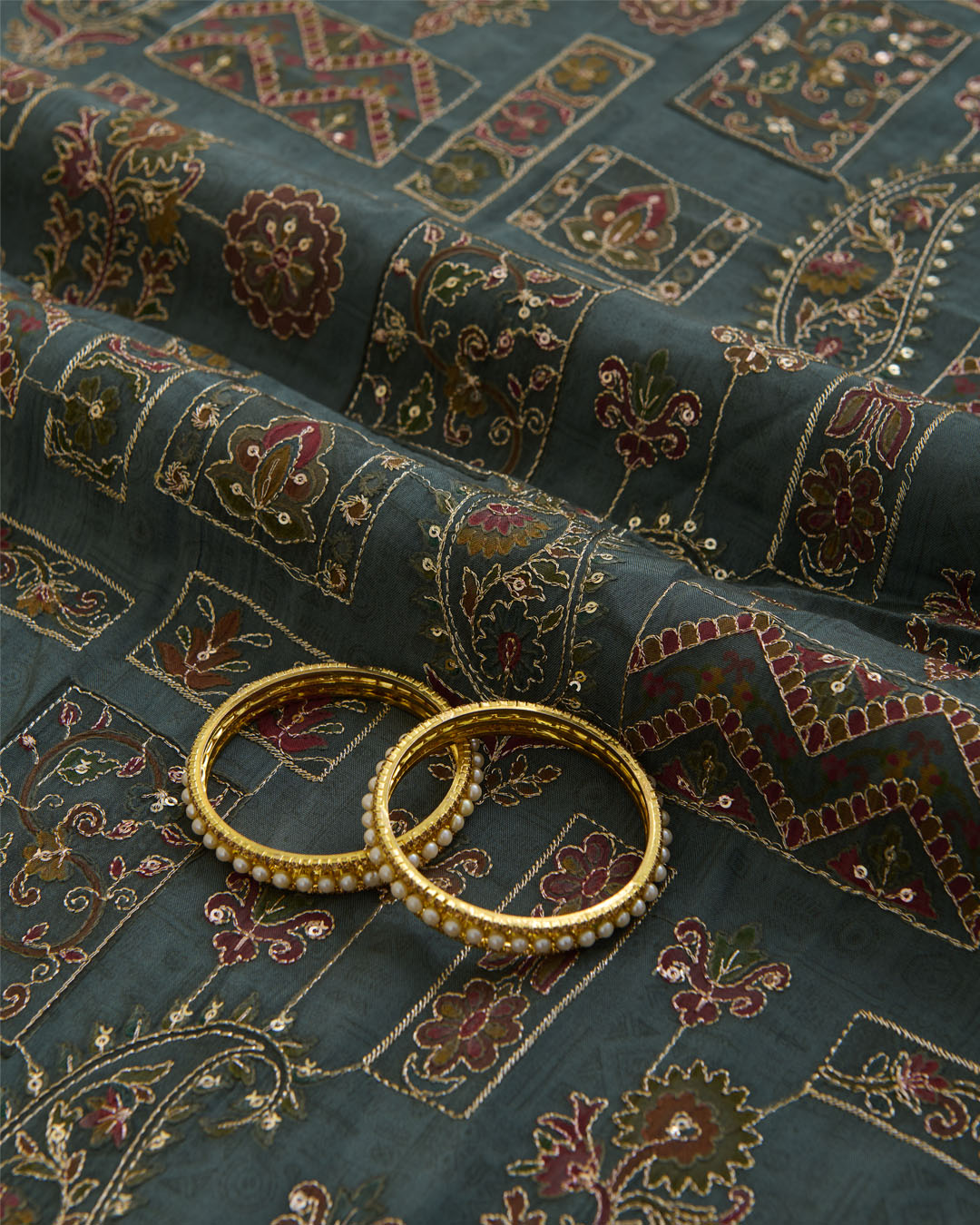 Dusty Green Dupion Silk Buta Printed Fabric with Sequins & Kasab Embroidery