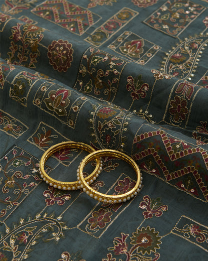 Dusty Green Dupion Silk Buta Printed Fabric with Sequins & Kasab Embroidery
