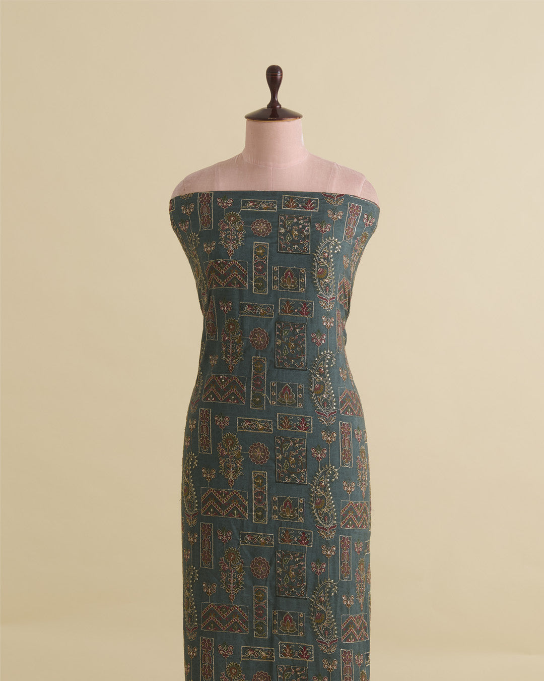 Dusty Green Dupion Silk Buta Printed Fabric with Sequins & Kasab Embroidery