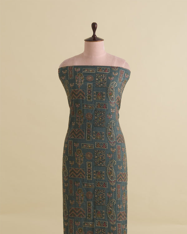 Dusty Green Dupion Silk Buta Printed Fabric with Sequins & Kasab Embroidery