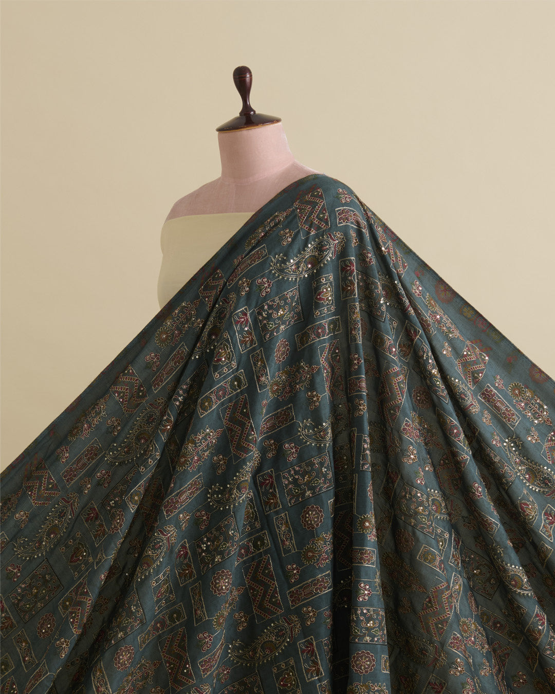 Dusty Green Dupion Silk Buta Printed Fabric with Sequins & Kasab Embroidery