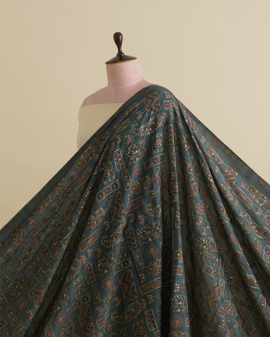 Dusty Green Dupion Silk Buta Printed Fabric with Sequins & Kasab Embroidery