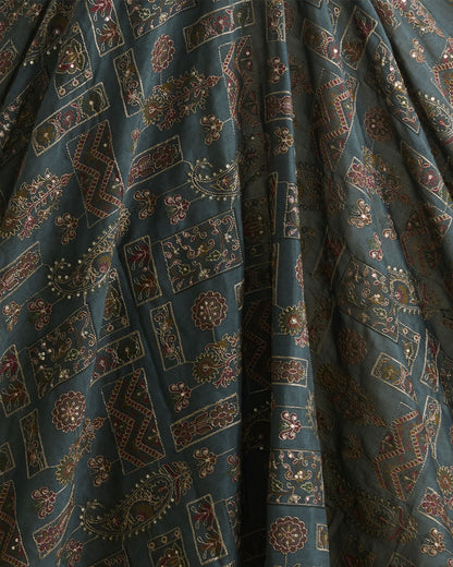 Dusty Green Dupion Silk Buta Printed Fabric with Sequins & Kasab Embroidery