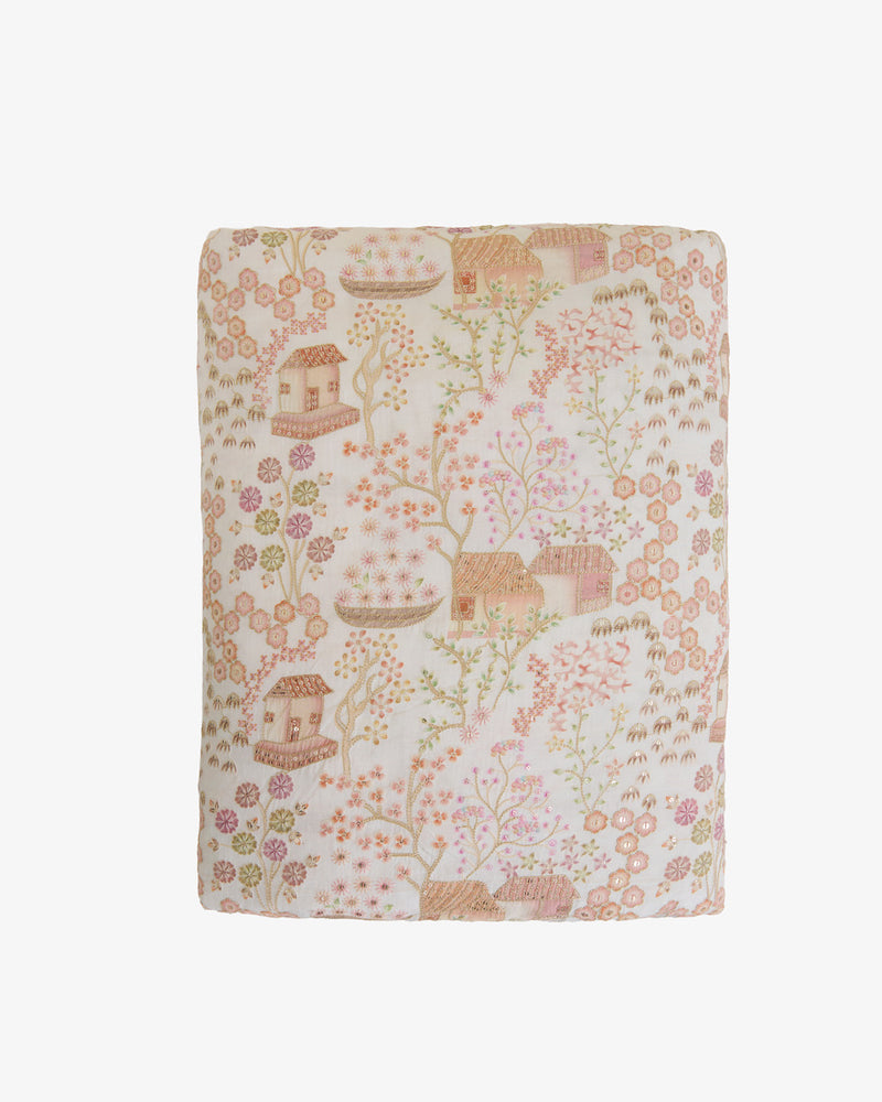 Dupion Silk Jaal Buta Printed Fabric with Sequins & Kasab Embroidery – Ivory