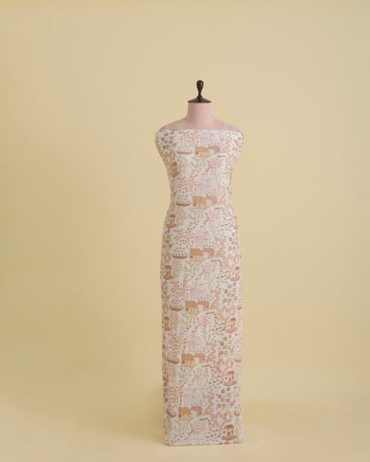 Dupion Silk Jaal Buta Printed Fabric with Sequins & Kasab Embroidery – Ivory