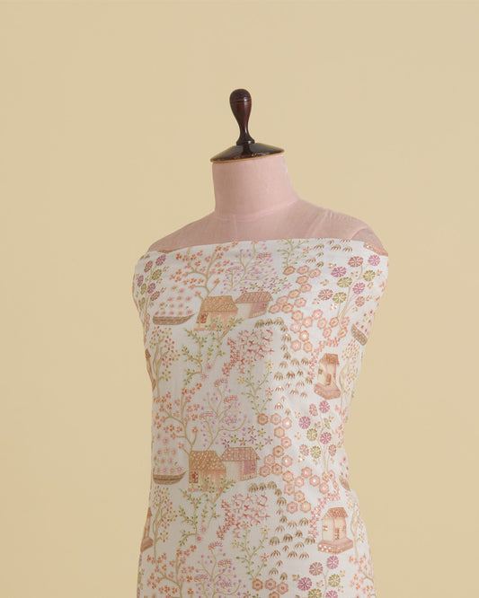 Dupion Silk Jaal Buta Printed Fabric with Sequins & Kasab Embroidery – Ivory