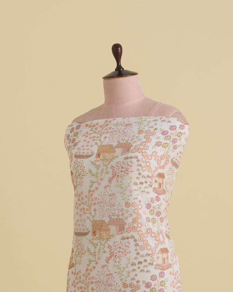 Dupion Silk Jaal Buta Printed Fabric with Sequins & Kasab Embroidery – Ivory