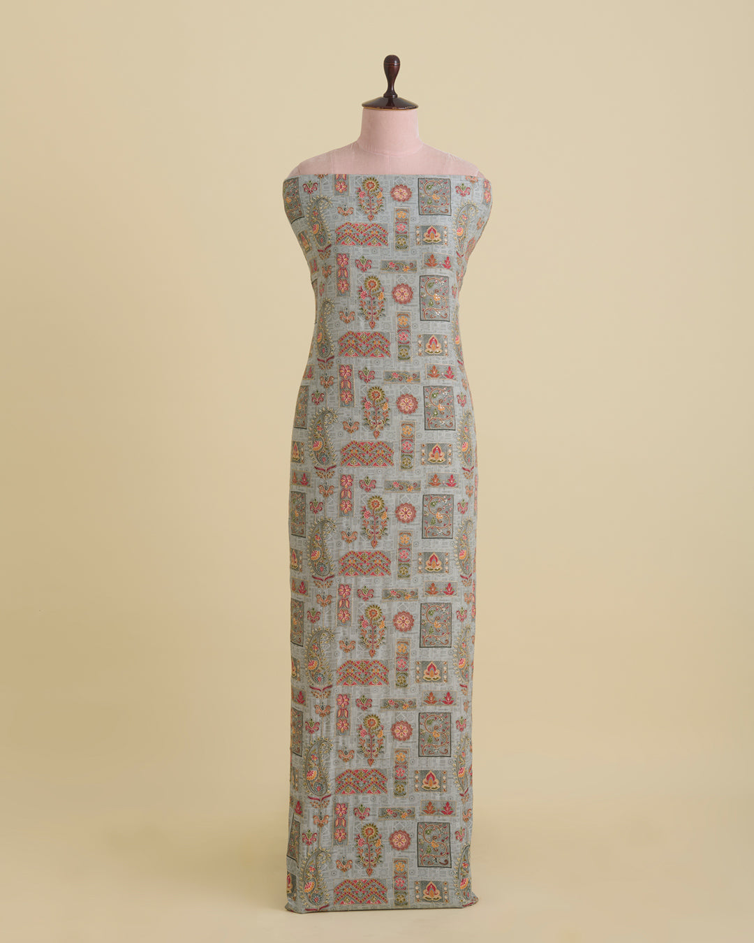 Light Grey Dupion Silk Fabric with Sequins & Kasab Embroidery