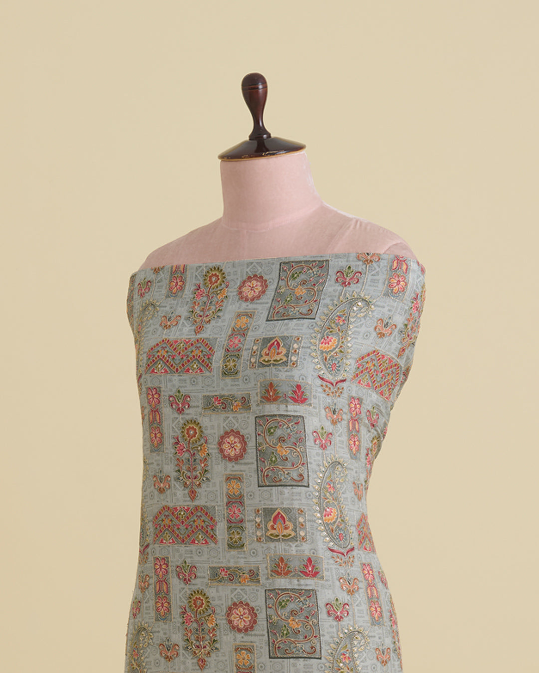 Light Grey Dupion Silk Fabric with Sequins & Kasab Embroidery