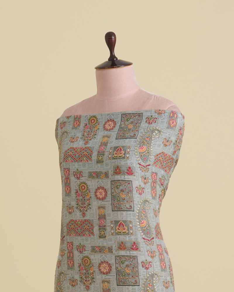 Light Grey Dupion Silk Fabric with Sequins & Kasab Embroidery