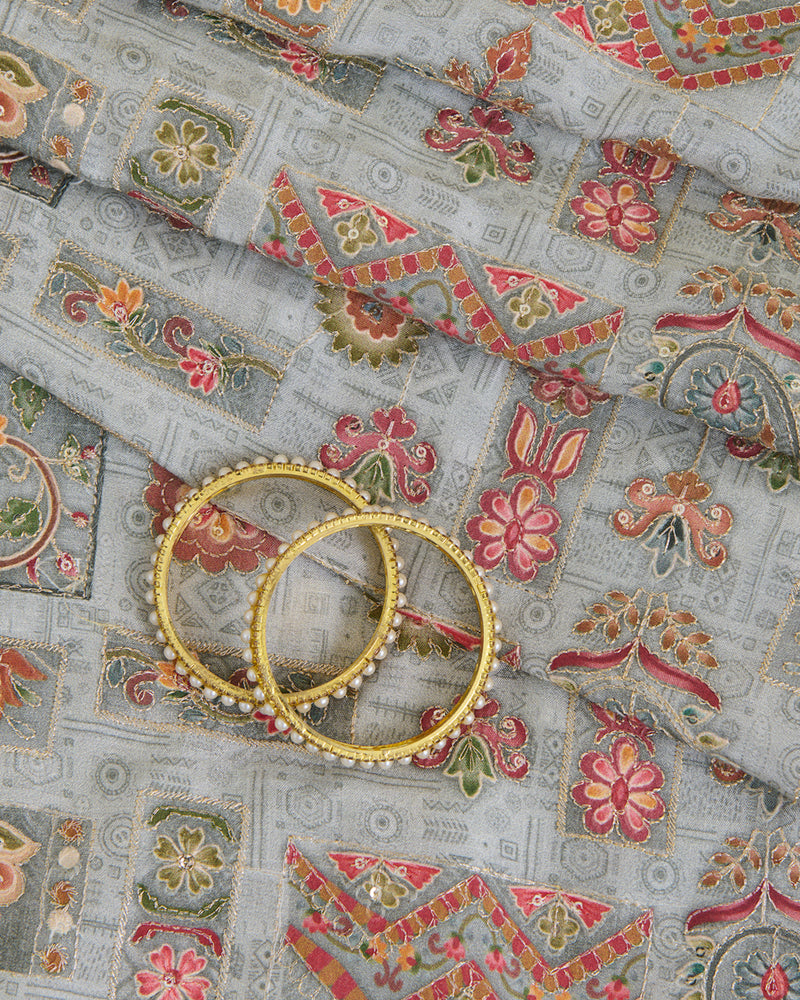 Light Grey Dupion Silk Fabric with Sequins & Kasab Embroidery