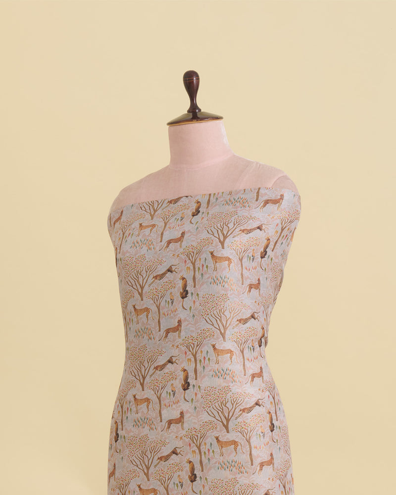 Misty Lilac Grey Dupion Jacquard Figure Printed Zari Woven