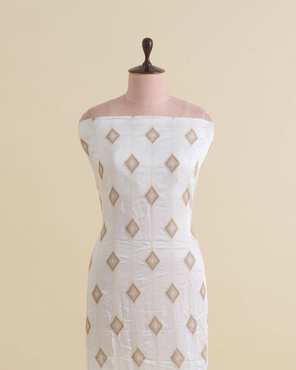 White Dupion Silk Thread Emb Ikat Stripes Fabric