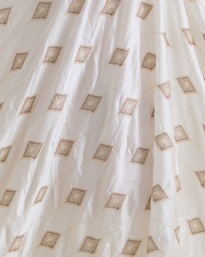 White Dupion Silk Thread Emb Ikat Stripes Fabric