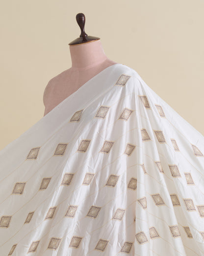 White Dupion Silk Thread Emb Ikat Stripes Fabric