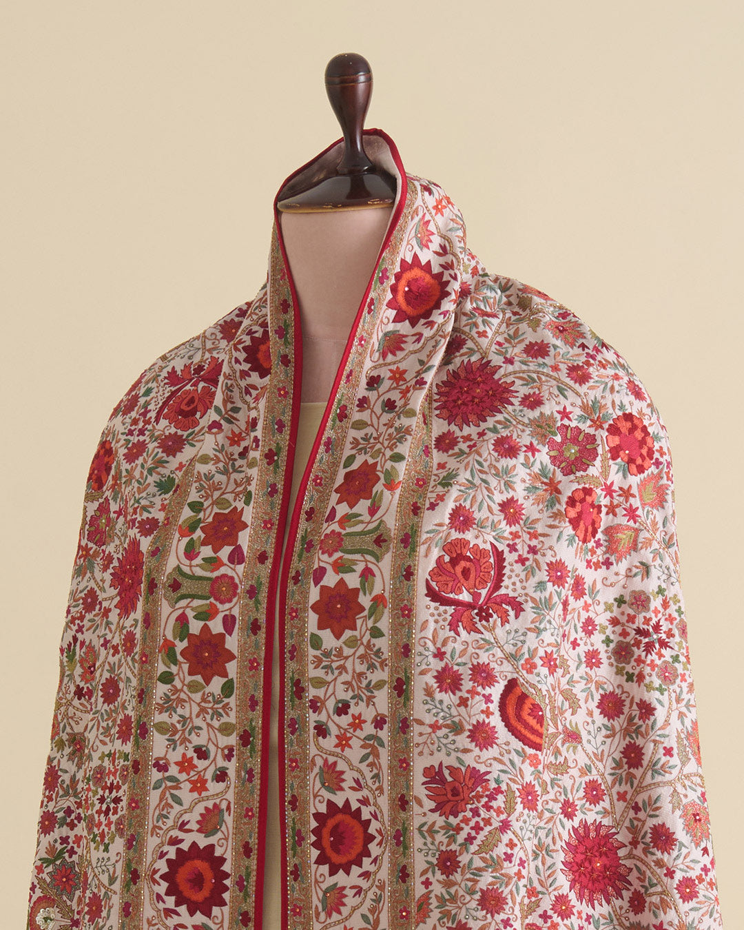 Light Peach Dupion Pure Kashmiri Hand Work Dupatta