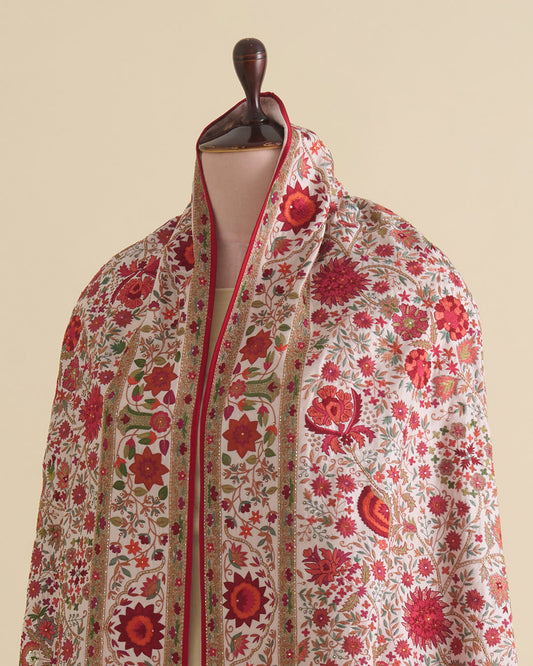 Light Peach Dupion Pure Kashmiri Hand Work Dupatta