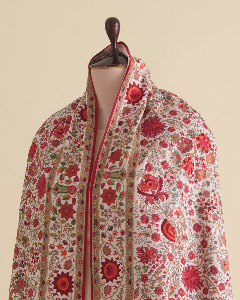 Light Peach Dupion Pure Kashmiri Hand Work Dupatta