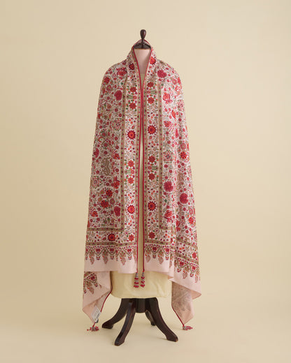Light Peach Dupion Pure Kashmiri Hand Work Dupatta