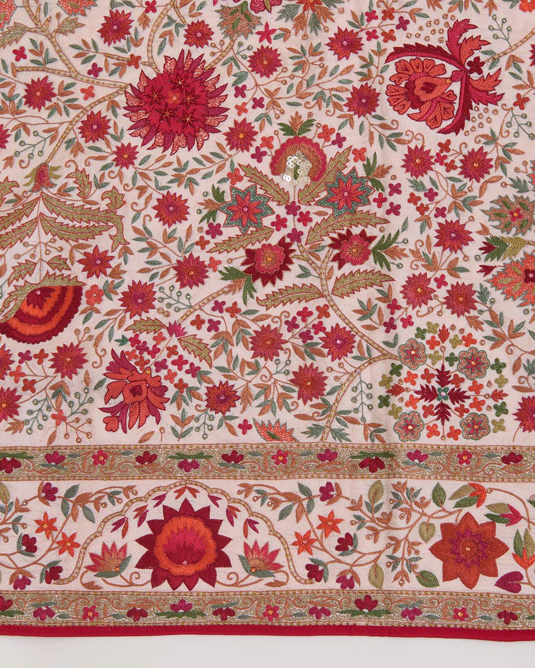 Light Peach Dupion Pure Kashmiri Hand Work Dupatta