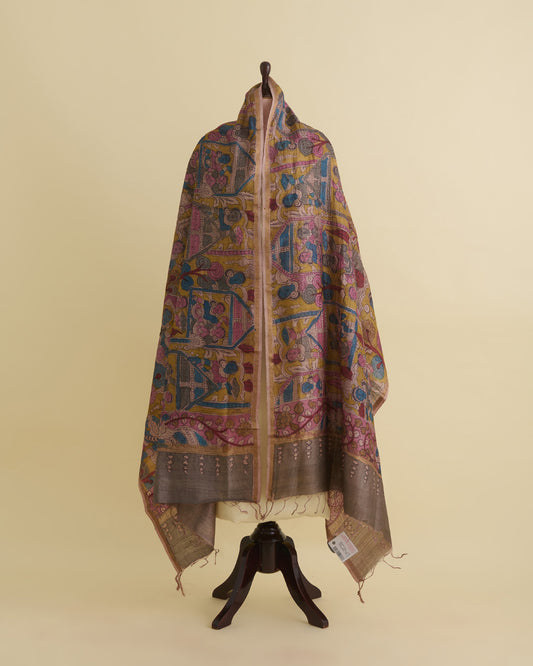 Mustard Desi Tussar Hand Figure Printed Dupatta