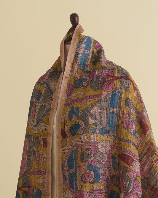 Mustard Desi Tussar Hand Figure Printed Dupatta