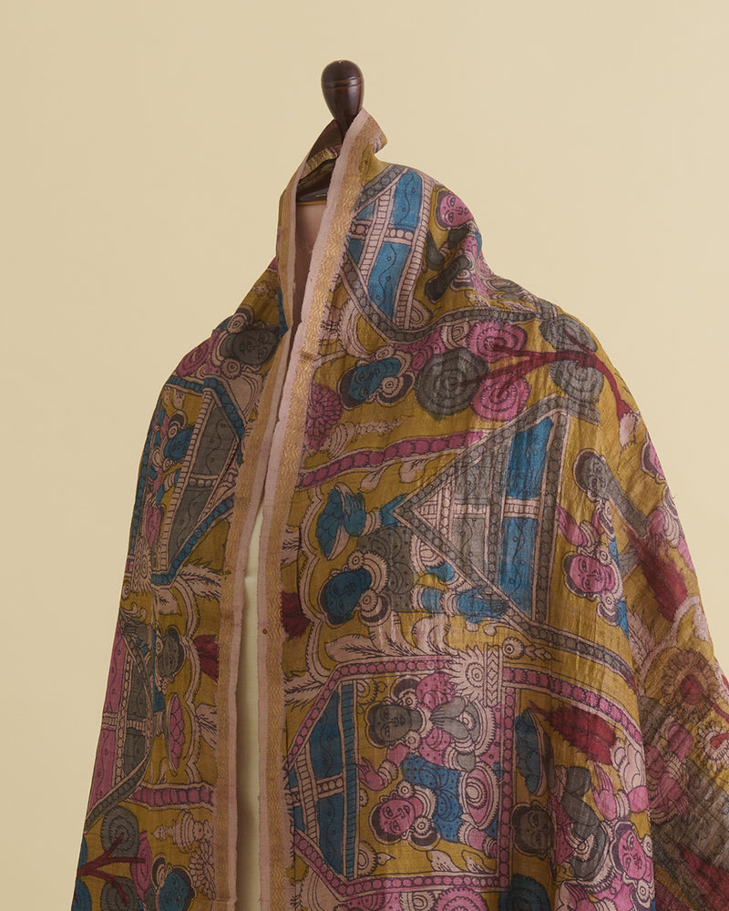 Mustard Desi Tussar Hand Figure Printed Dupatta