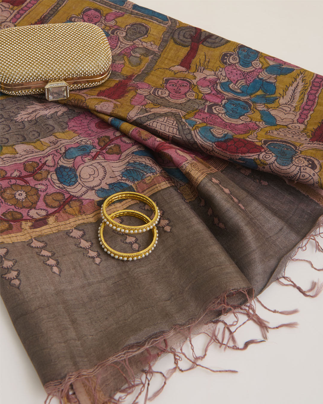 Mustard Desi Tussar Hand Figure Printed Dupatta