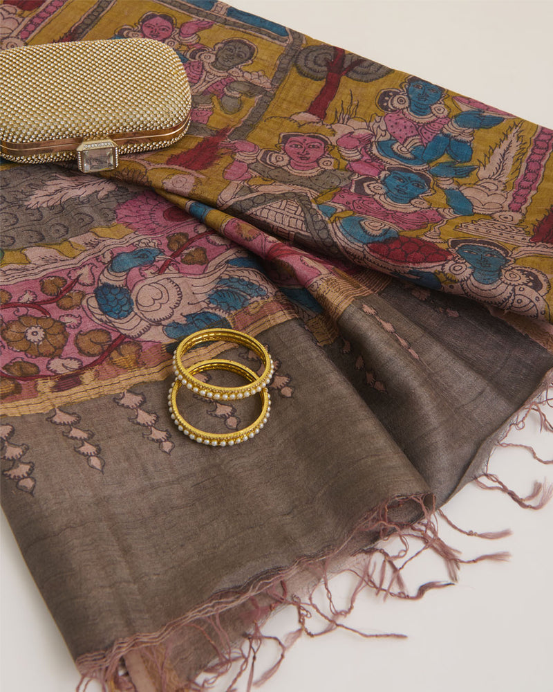 Mustard Desi Tussar Hand Figure Printed Dupatta