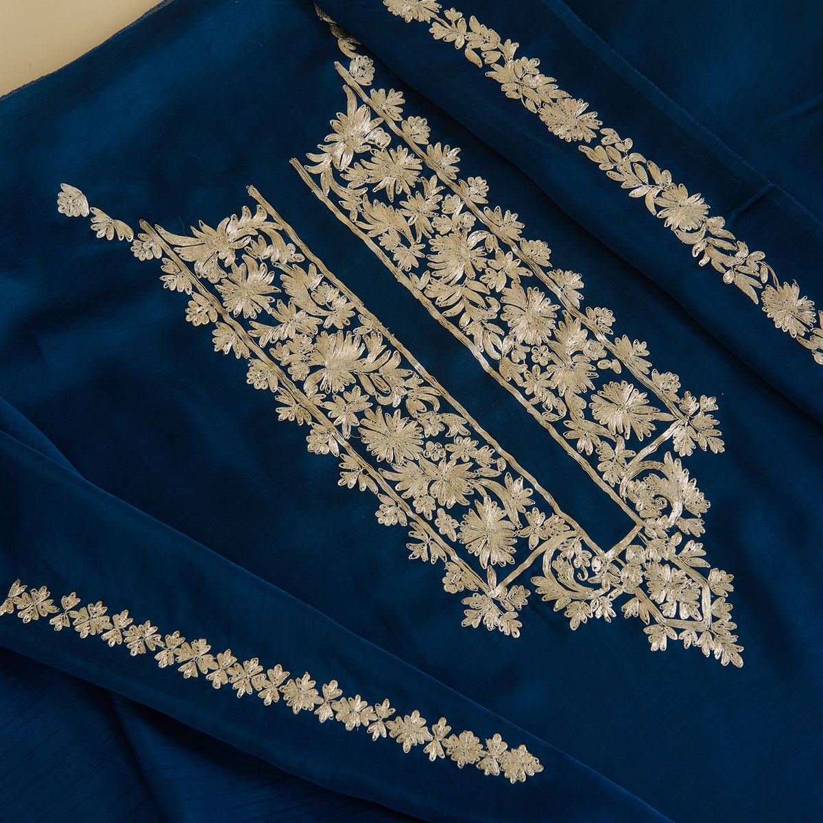 Navy Blue Dupion Satin Kasab Kurta Fabric