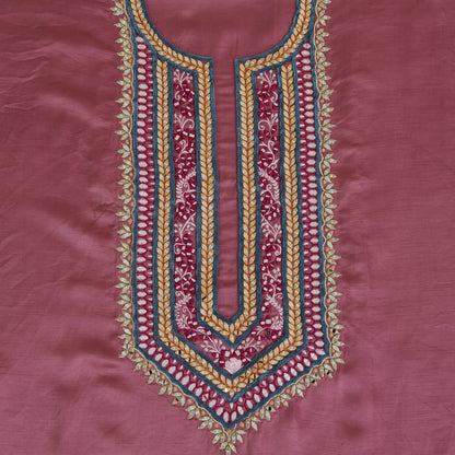 Onion Pink Dupion Satin Resham Mirror Embroidered Kurta Fabric