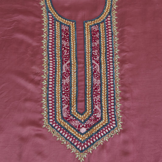 Onion Pink Dupion Satin Resham Mirror Embroidered Kurta Fabric