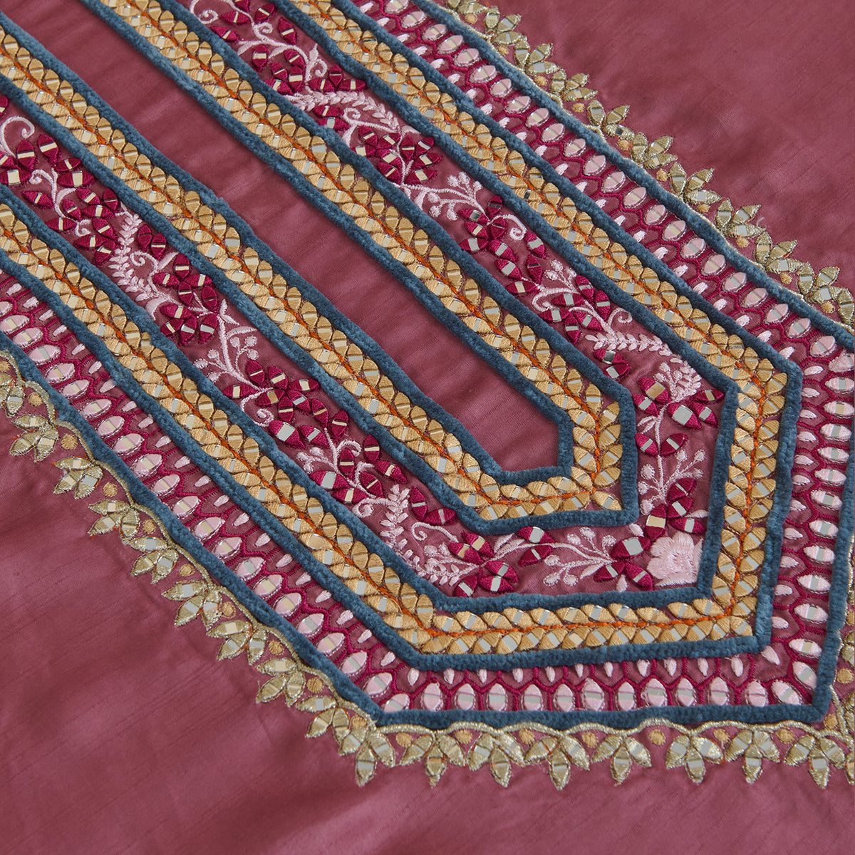 Onion Pink Dupion Satin Resham Mirror Embroidered Kurta Fabric