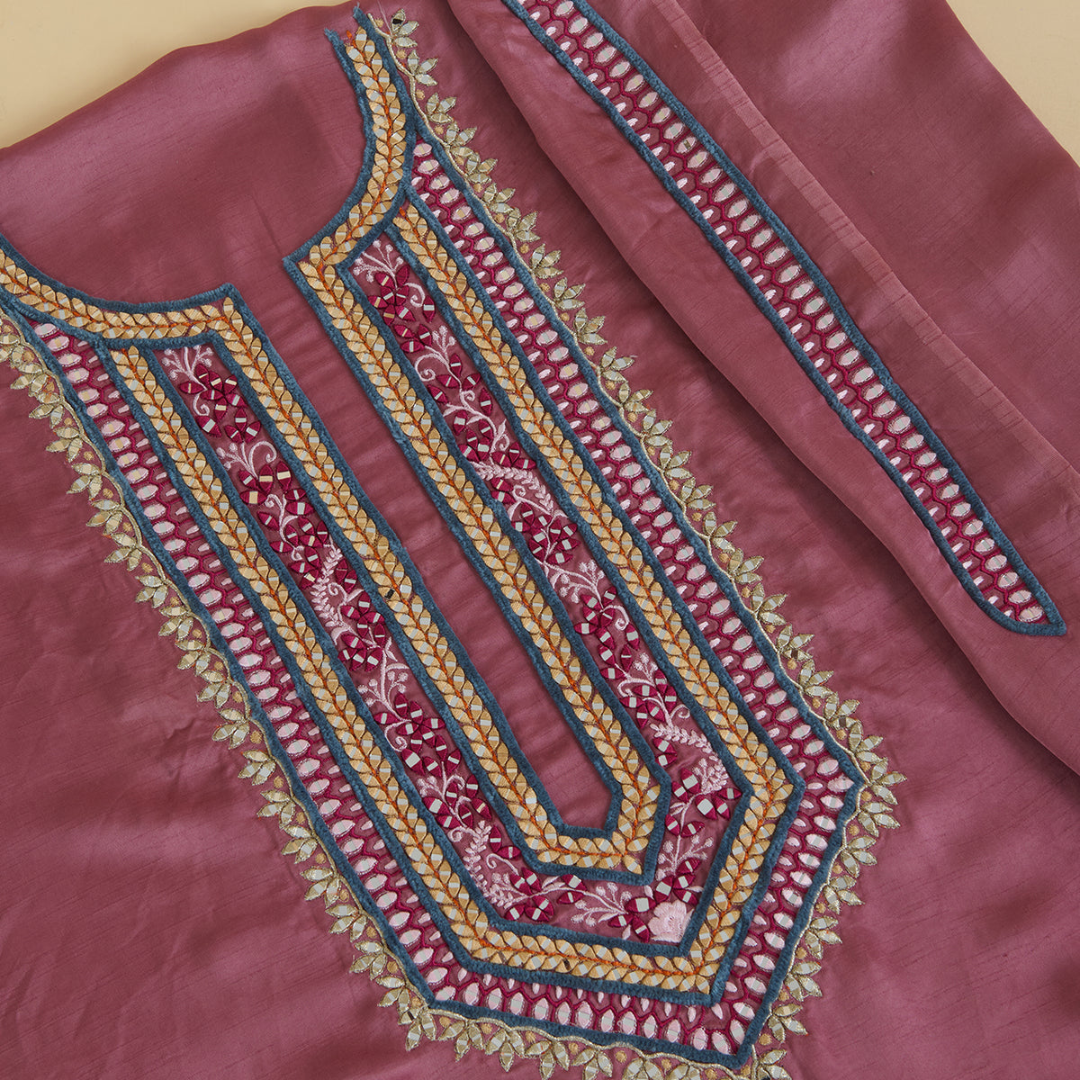 Onion Pink Dupion Satin Resham Mirror Embroidered Kurta Fabric